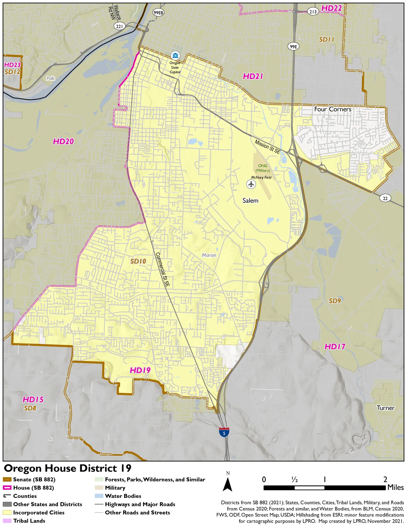 Map of Oregon House District 19 in southeast Salem, shaded yellow